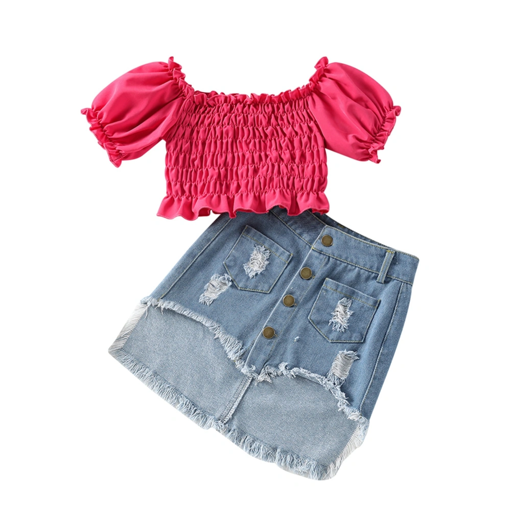 Girls Skirt Pleated Half Sleeve Tops + Irregular Fringe Denim Skirt