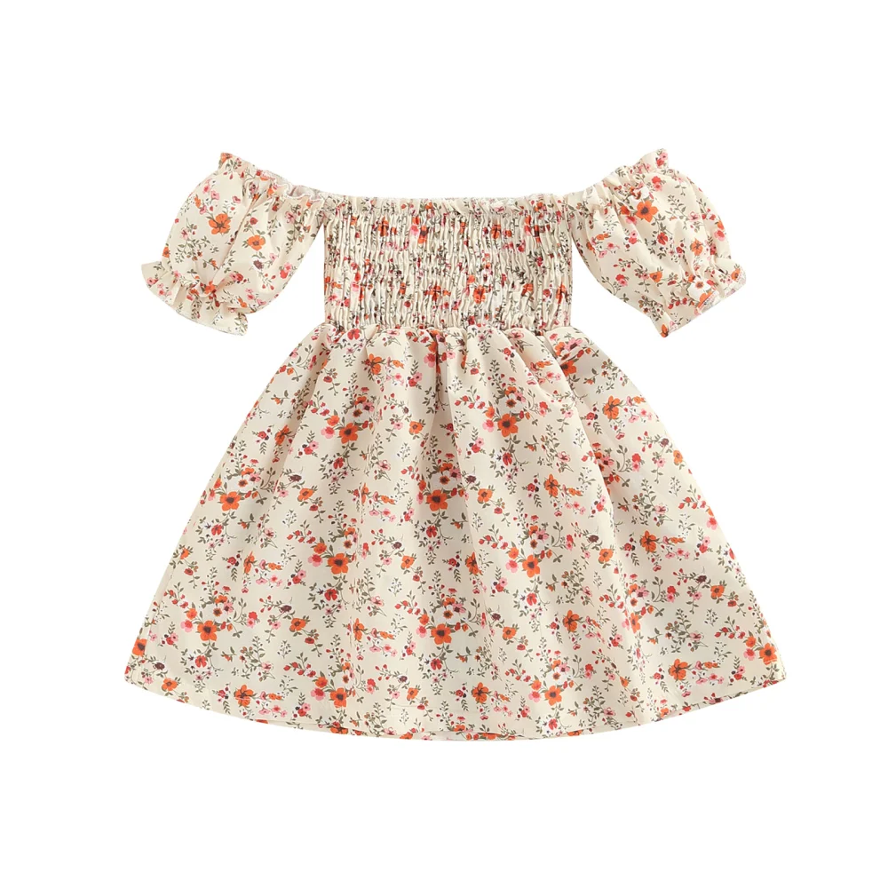 Little Girl's Dress, Off Shoulder Short Sleeve Floral Printed Dresses