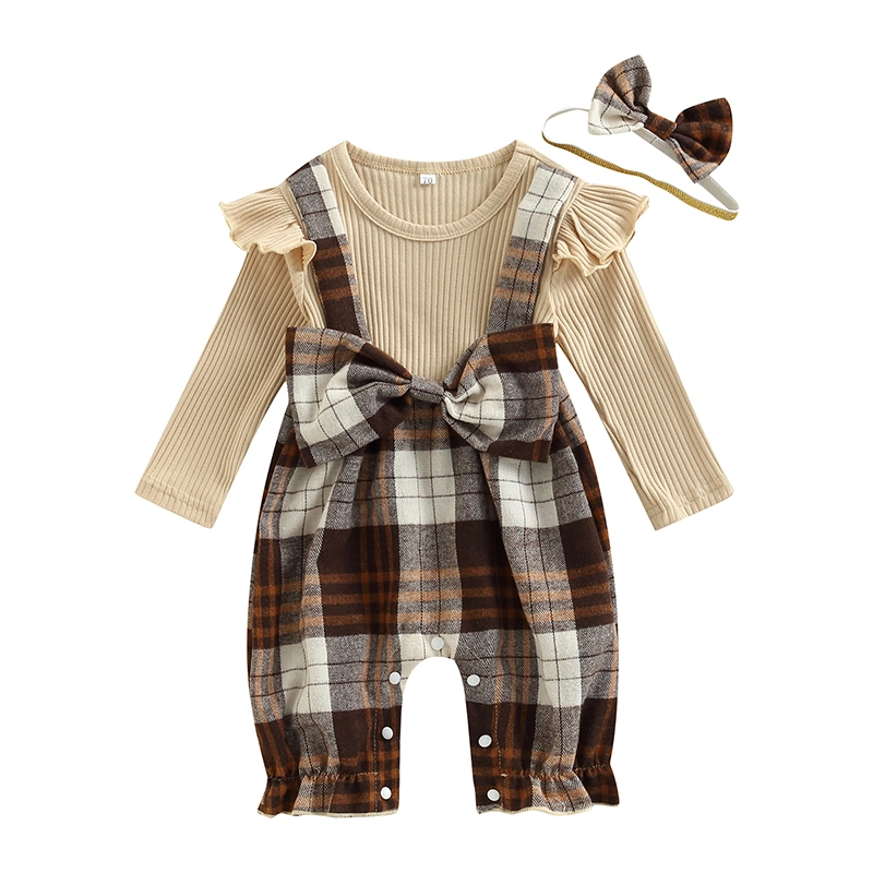 Baby Girls Long Sleeve O Neck Plaid Patchwork Romper + Headband