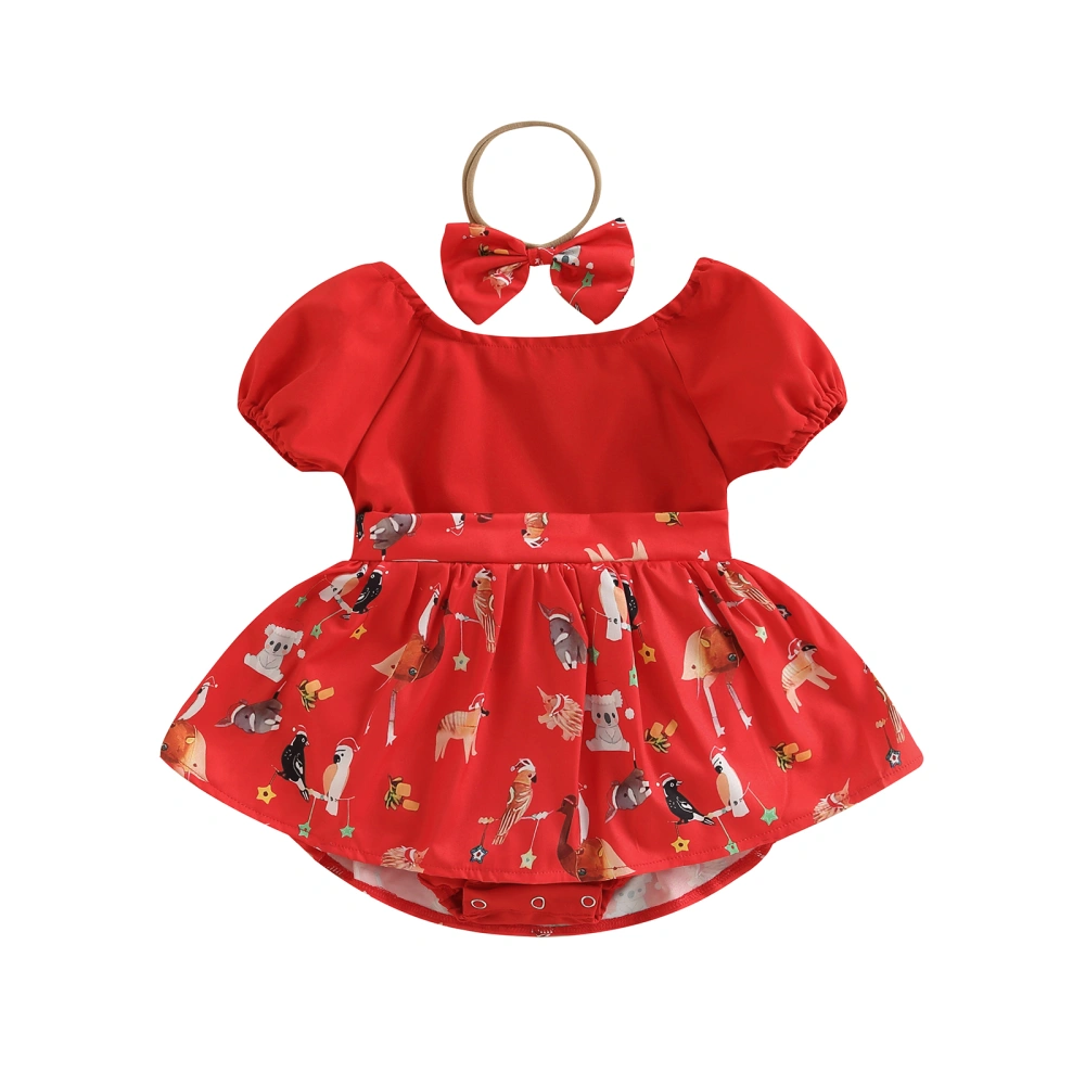 Cartoon Patterns O-Neck Short Sleeve Romper with Skirt Hem+ Headband