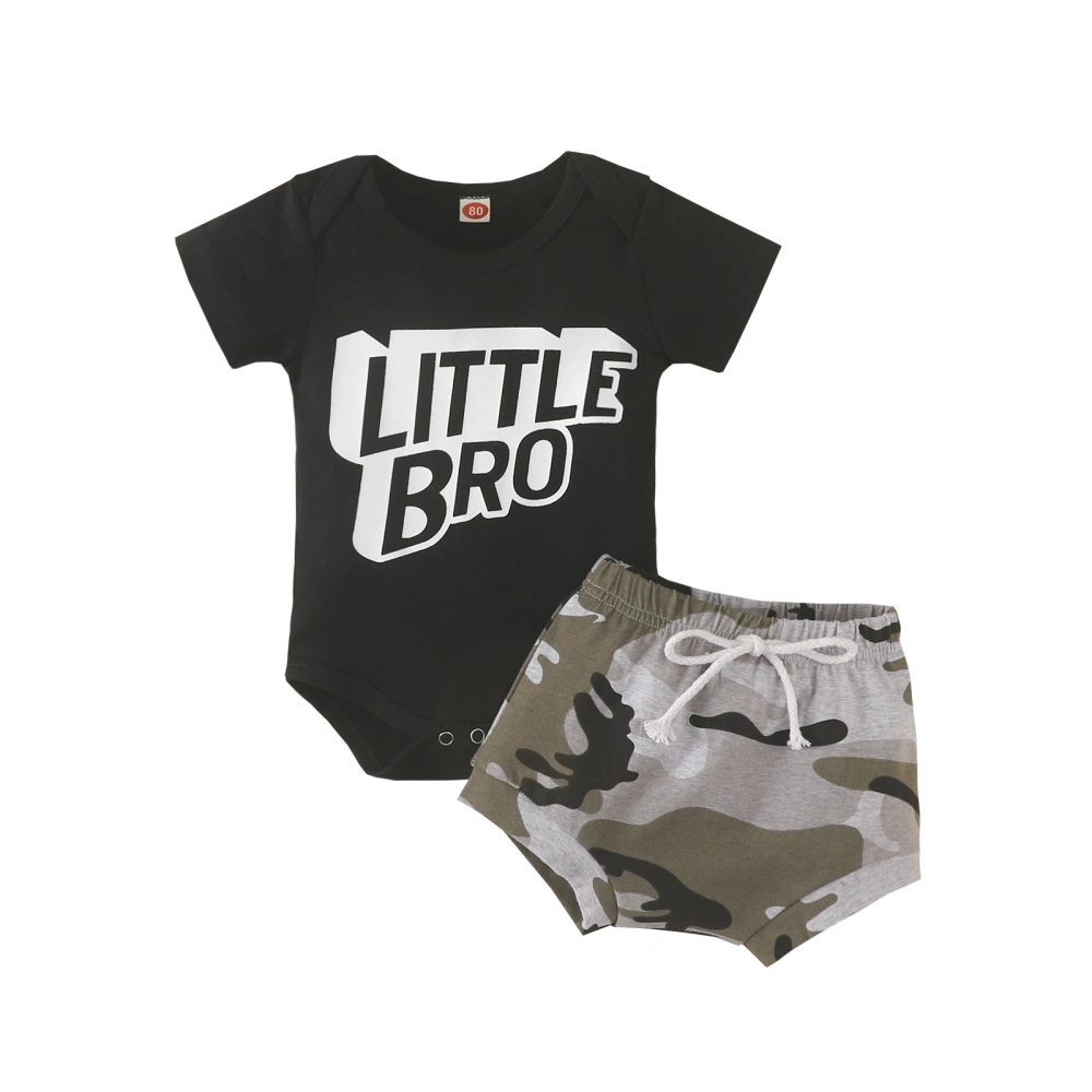 Boys Black Short Sleeve Letter Print Romper + Camouflage PP Shorts