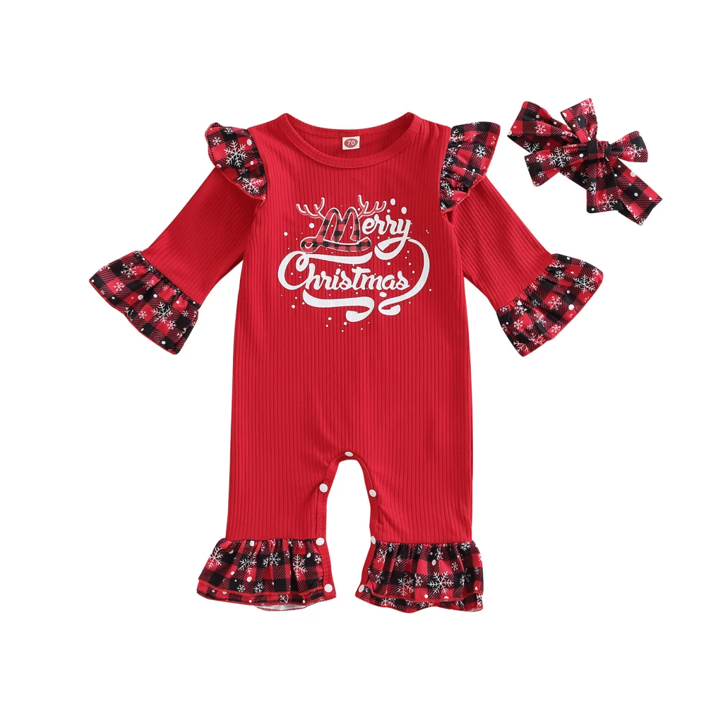 Baby Girls Halloween Jumpsuit Set Plaid Snow Letters Romper + Headband