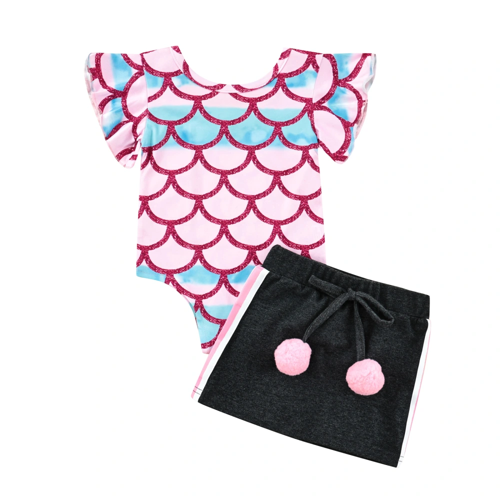 Baby Girls Swimwear, Fish Scale Print One-Piece Swimsuit + Short Skirt