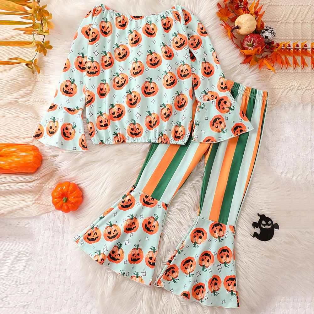 Girls Long Sleeve Off Shoulder Tops Pumpkin Print Flared Pants Sets