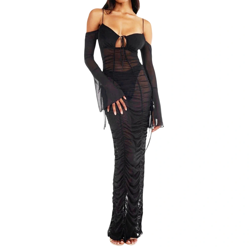 Women Long Dress Long Sleeve Tie-up See-through Pleated Cocktail Dress