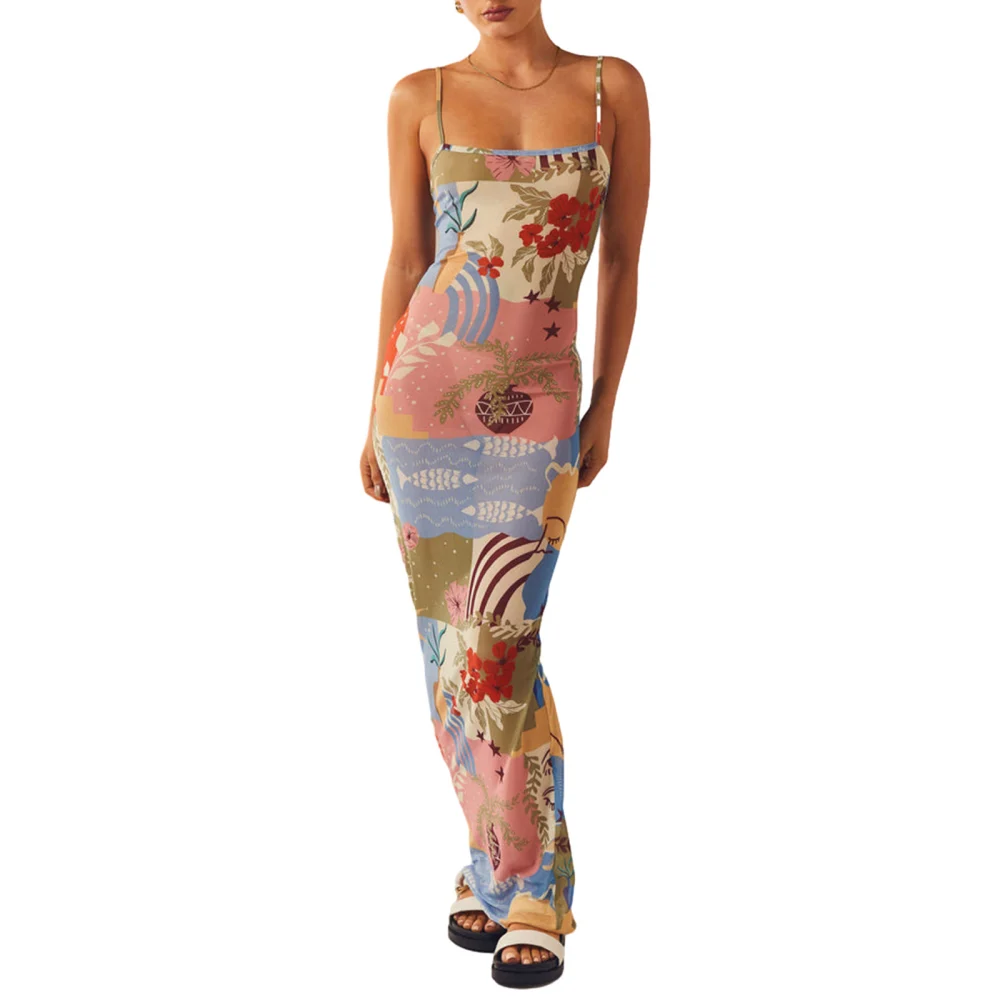 Women's Summer Long Slip Dress Floral& Fish Slim Ankle Length Dress