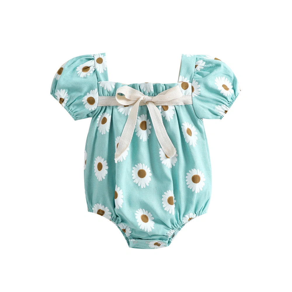 Baby Romper, Daisy Print Square Neck Short Sleeve Bodysuit Streetwear