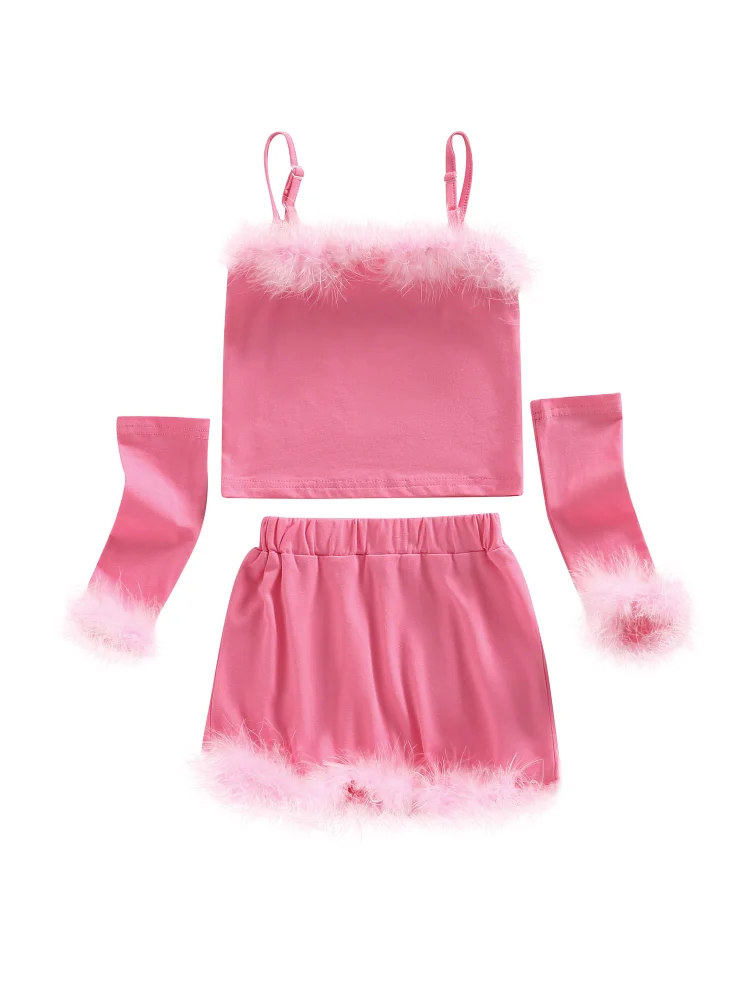 Girls 3 Pieces Outfits, Plush Trim Tops + Skirts + Oversleeve Set