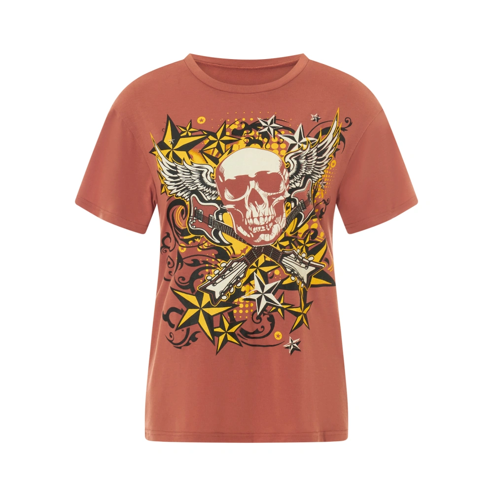 Women Short Sleeve T-Shirts Skull Guitar Print Crew Neck Casual Shirts