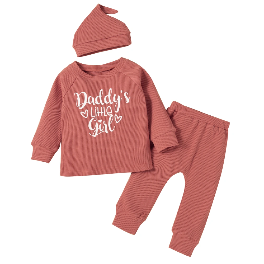 Baby Letter Print O-Neck Long Sleeve Tops+ Solid Color Long Pants+ Hat