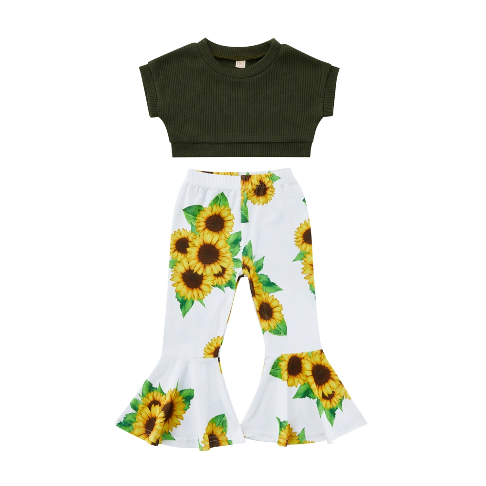 Girls Short Sleeve O Neck Crop Tops + Sunflower Print Flared Pants