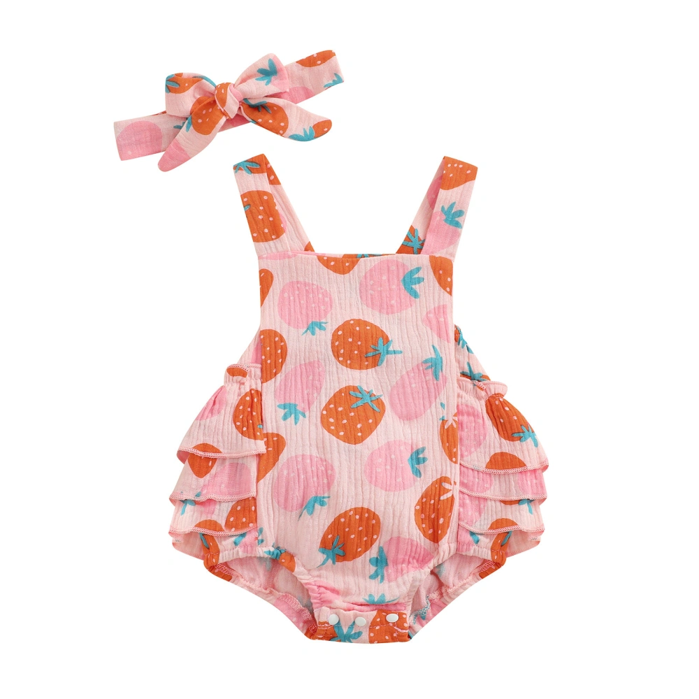 Baby Girl Two-Piece Suit Strawberry Print Sleeveless Romper + Headband