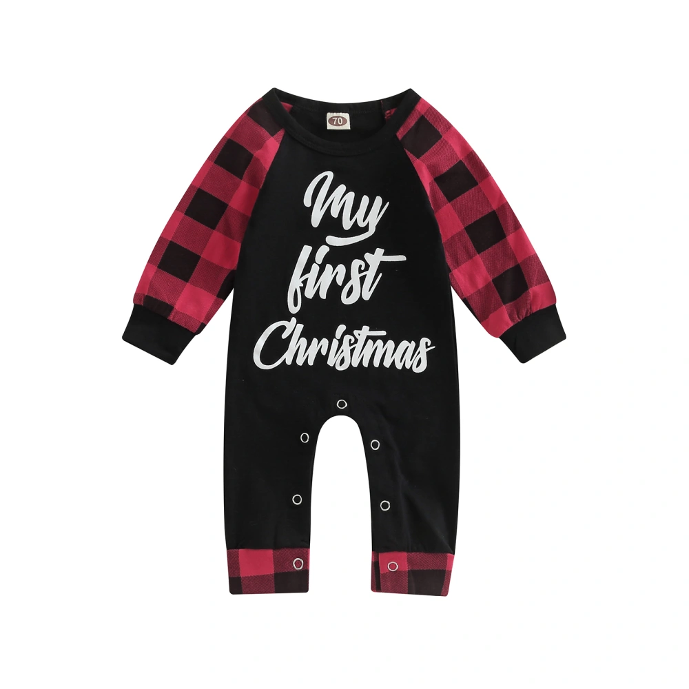 Baby Girl Boy Christmas Romper Letter Print Plaid Patchwork Jumpsuit