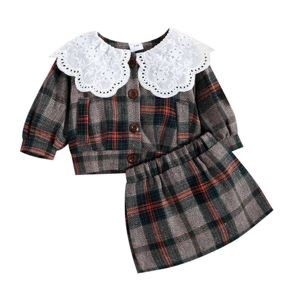 Plaid Outfits, Long Sleeve Lace Doll Collar Cardigan + Skirt