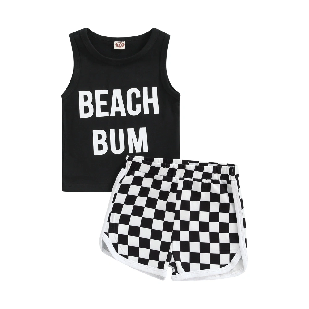 Letter Print Round Neck Sleeveless Tops+ Checkerboard Print Shorts