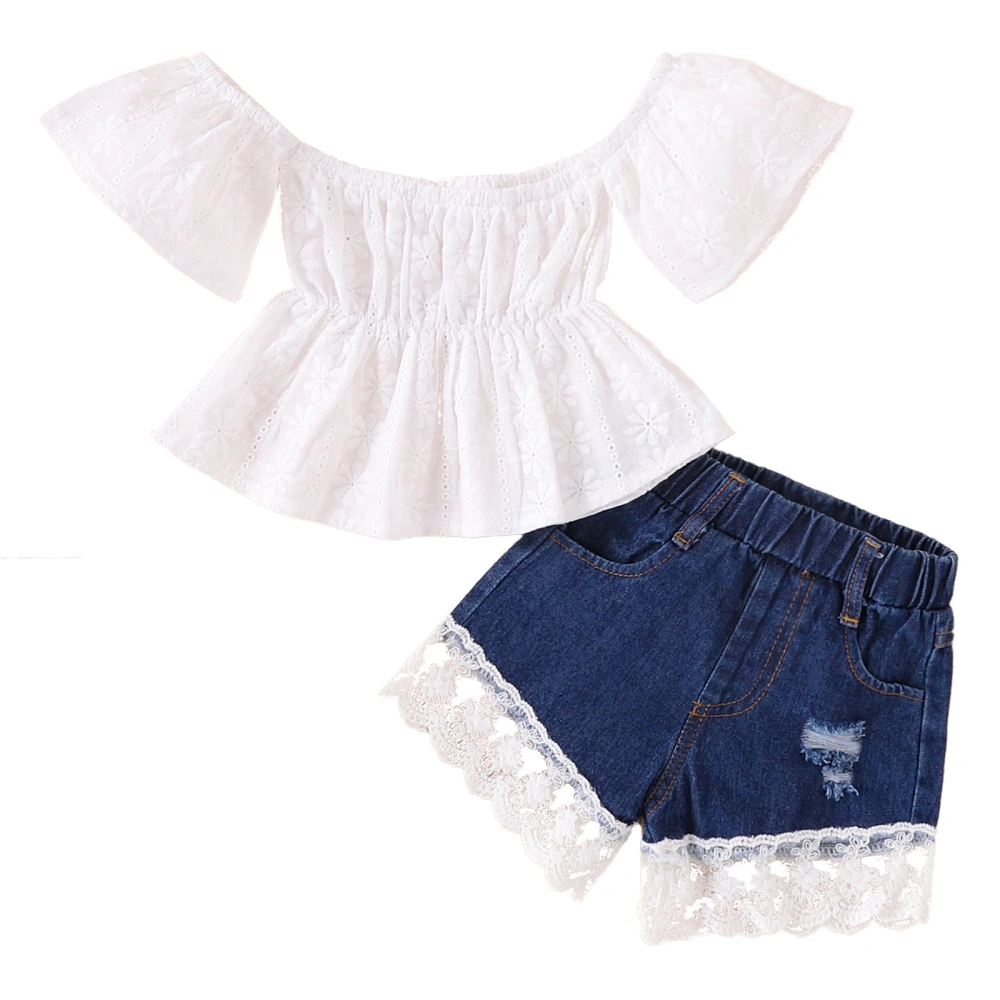 Girl Summer Clothes Set, Solid Short Sleeve Tops + Lace Denim Shorts