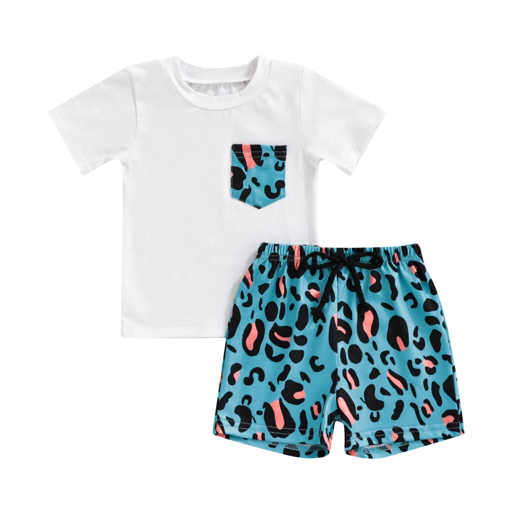 Toddler Boys 2 Pcs Outfits, Leopard Patchwork Pocket T-shirts Shorts