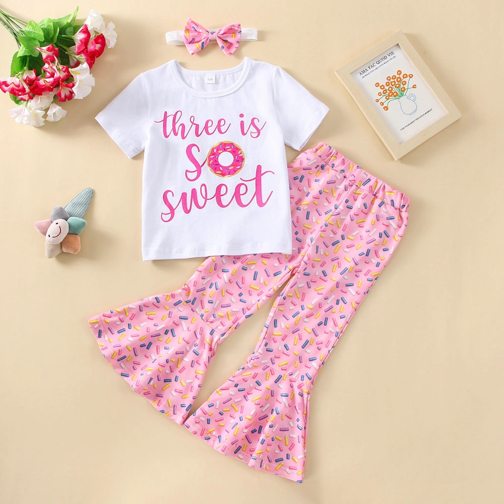 Girls T-shirt Set Letter Doughnut Print Tops Flare Pants Headband 