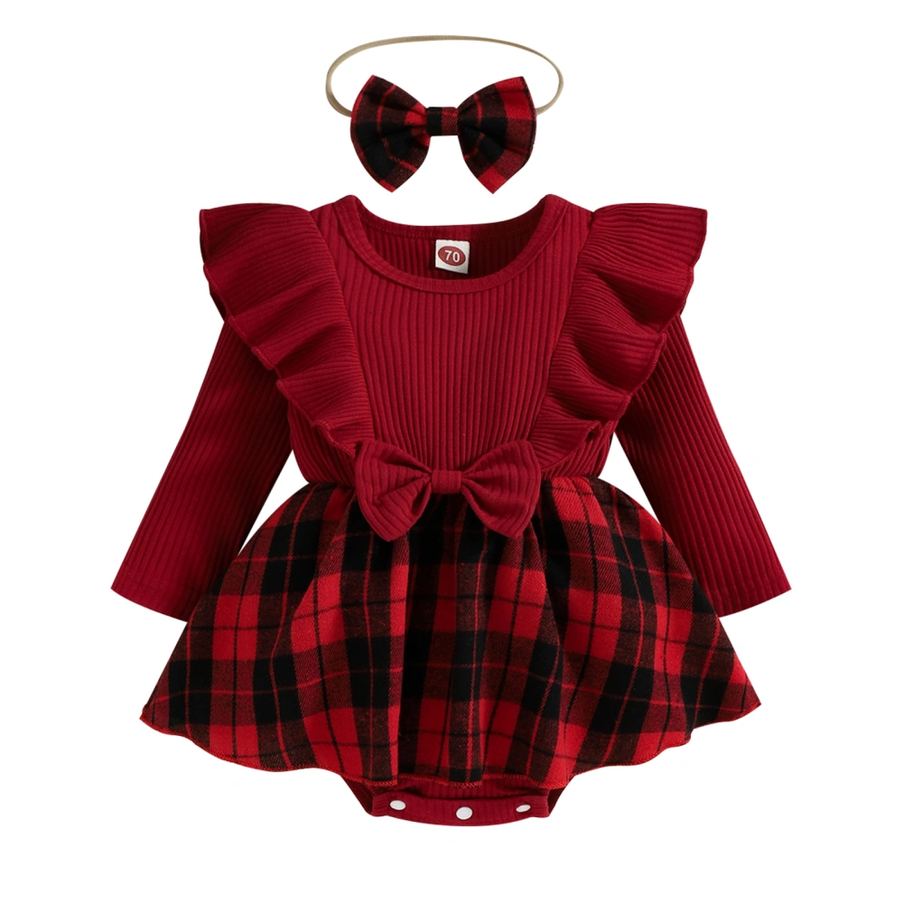 Infant Baby Girls Romper Dress Plaid Round Neck Ruffles Jumpsuits