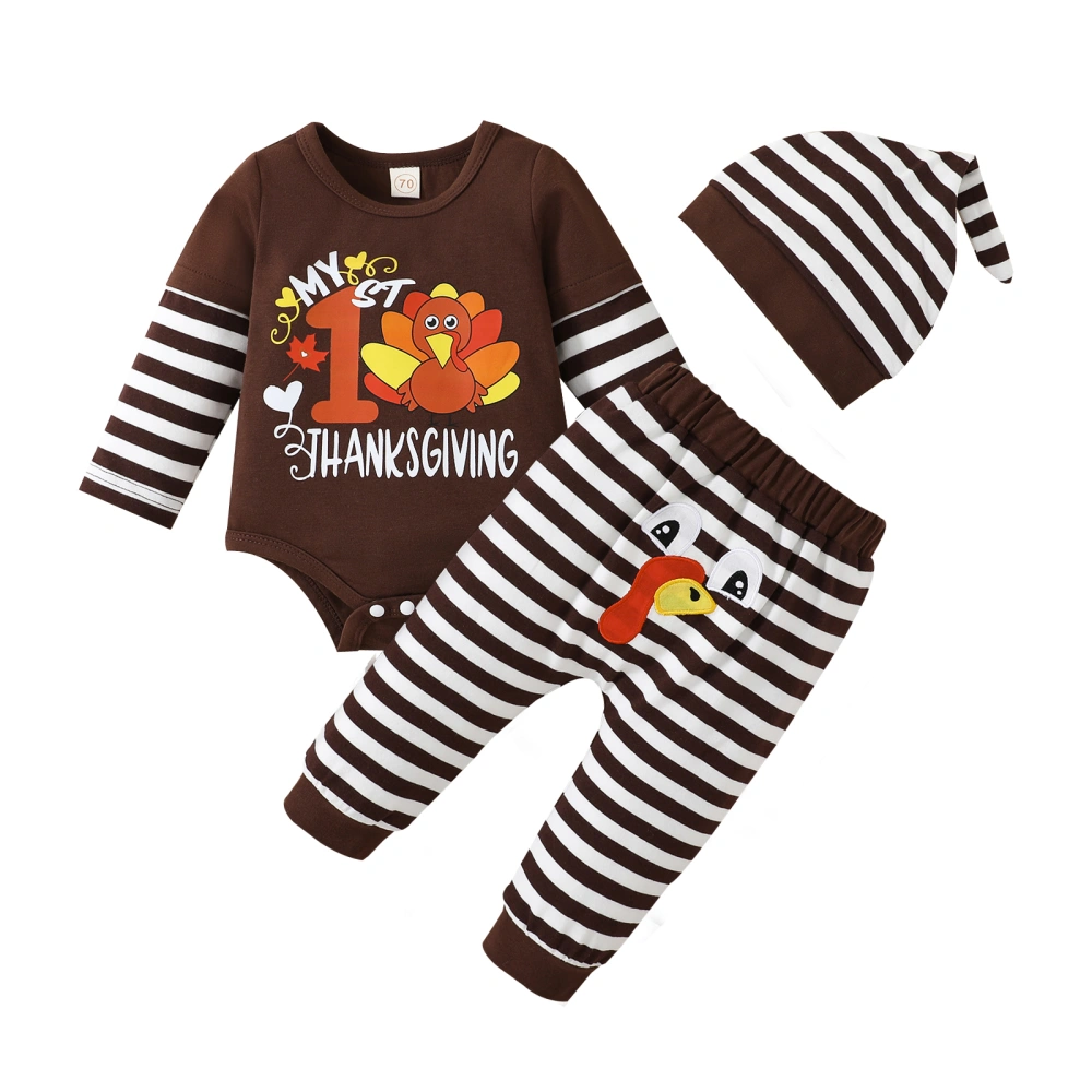 Baby Boys Long Sleeve Turkey Print Romper + Striped Pants + Hat