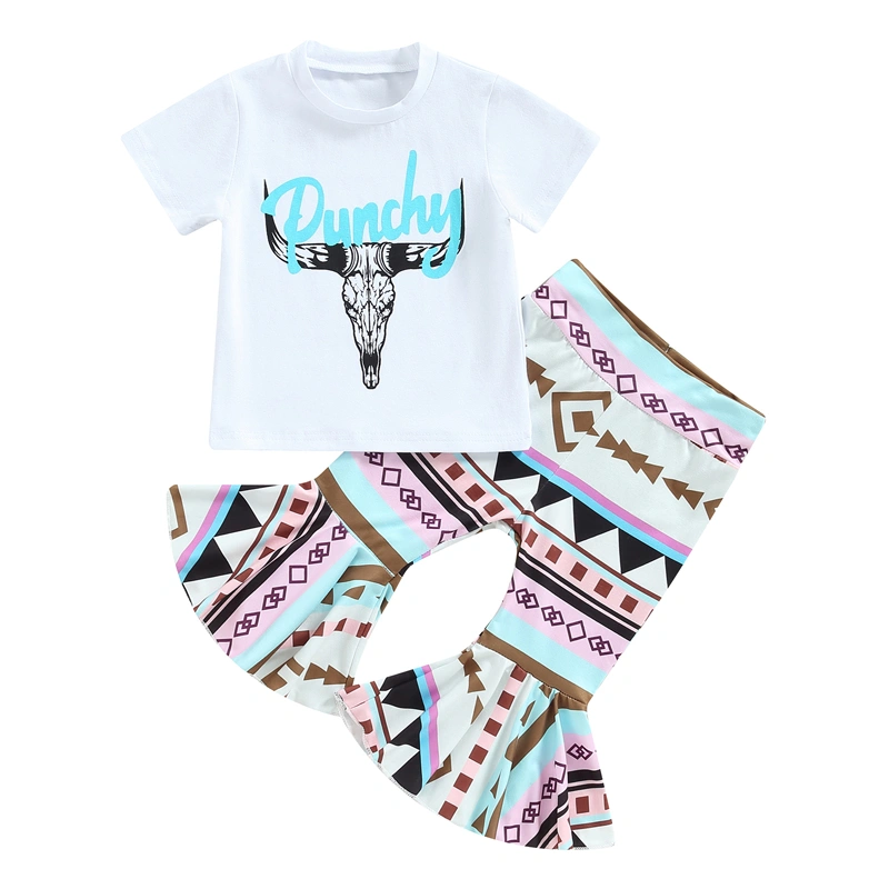 Kids Girls Summer Outfits Short Sleeve T-shirt and Elastic Flare Pants