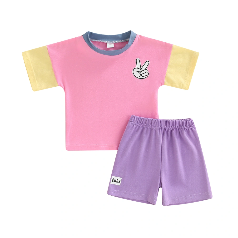 Girl’s Contrast Color Short Sleeve T-shirt and Letter Print Shorts Set