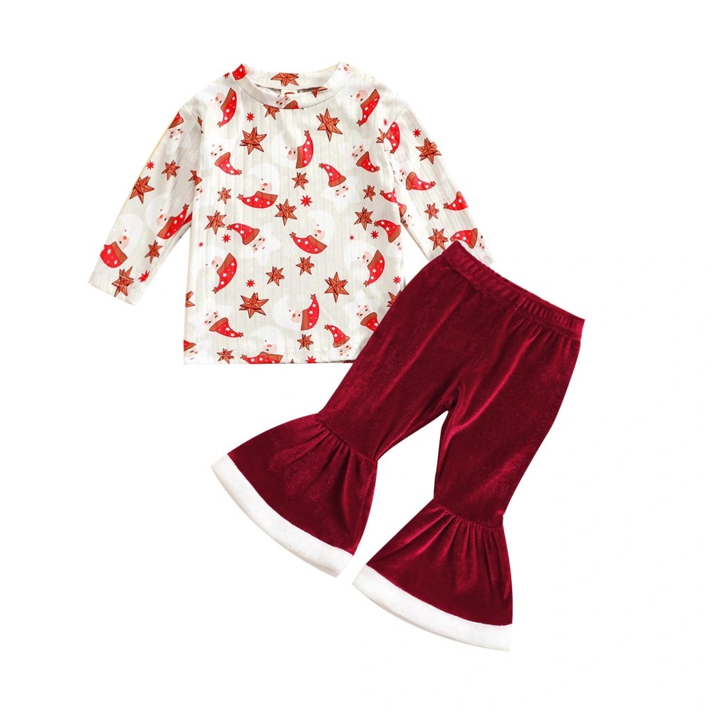 Girl Long Sleeve Round Neck Santa Star Print Pullover + Flare Pants 