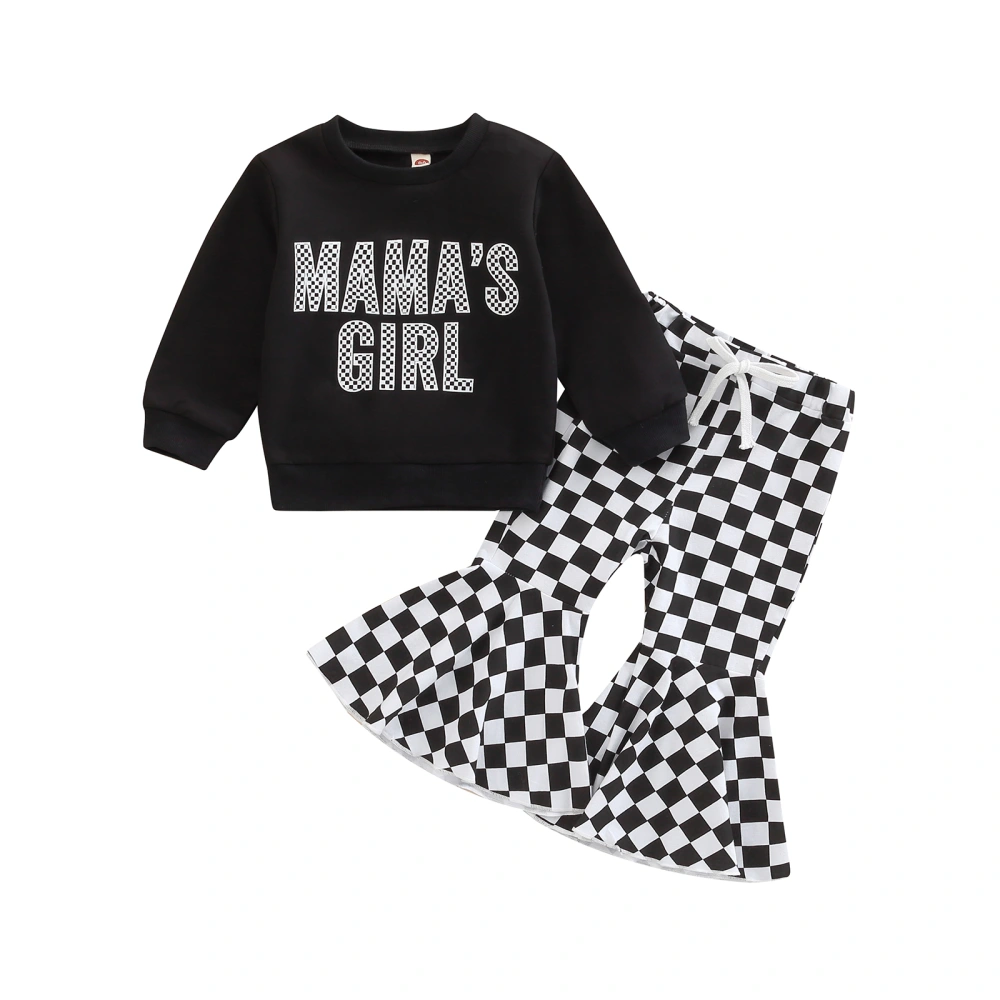 Girls 2 Pieces Outfits, Letter Print Tops + Checkerboard Plaid Pant