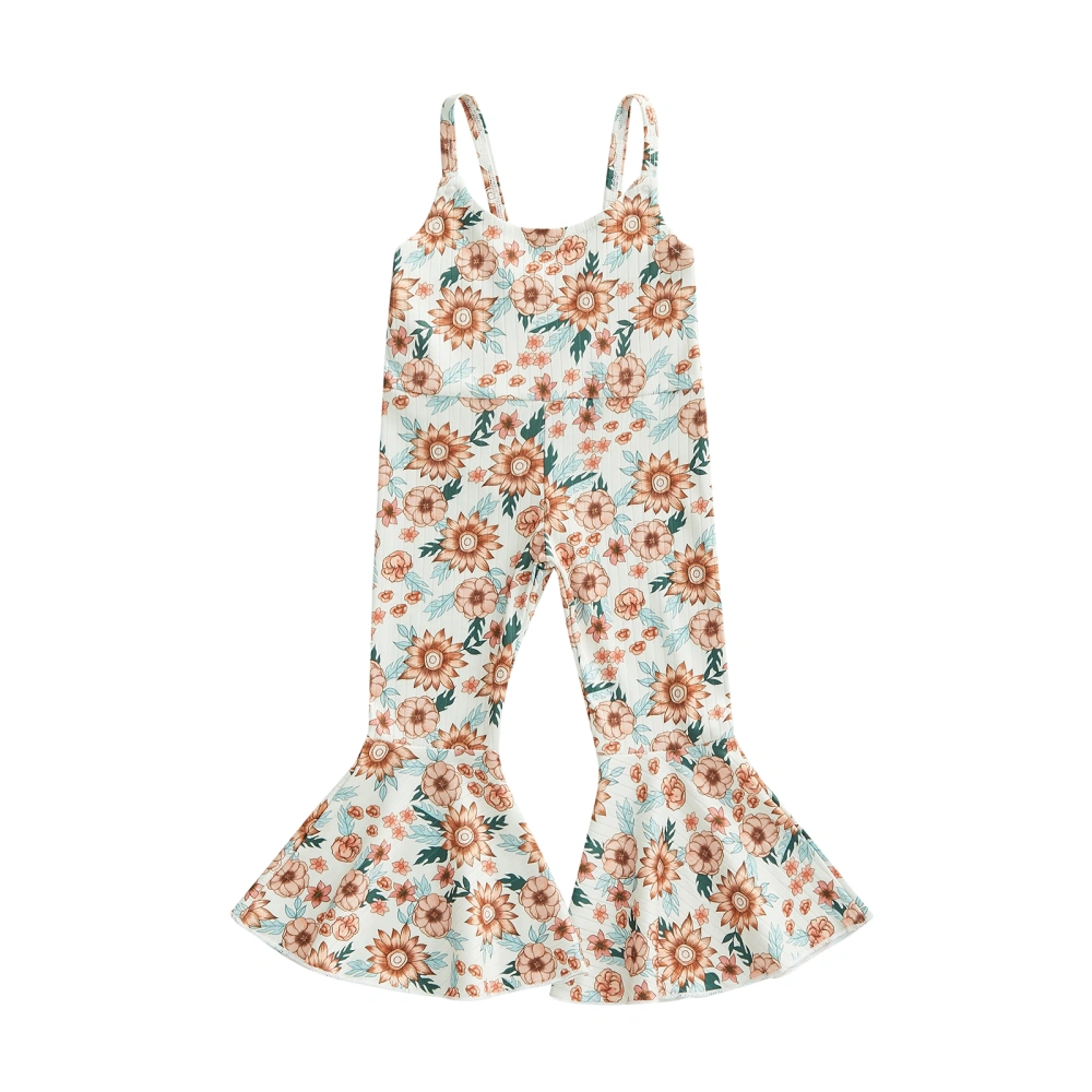 Little Girl’s Fashion Flower Printed U-neck Suspender Flared Jumpsuit