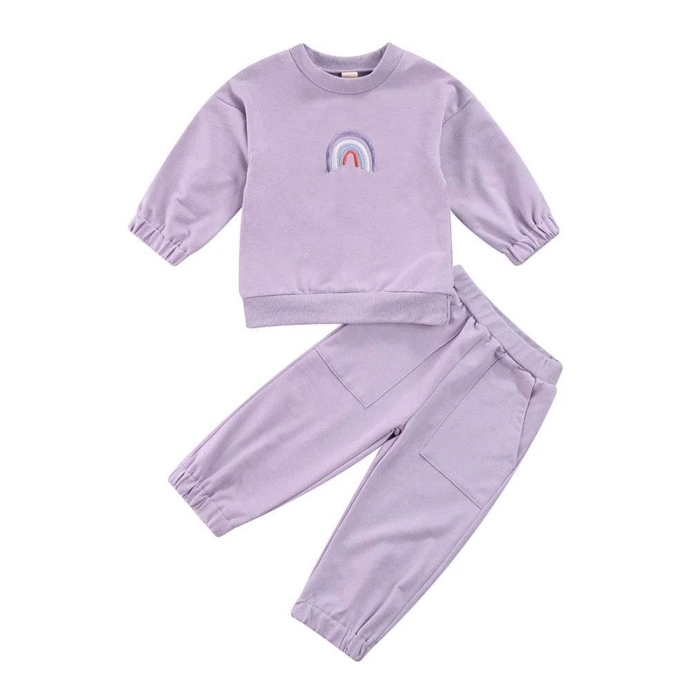 2Pcs Kids Fall Tracksuit, Rainbow Embroidery Tops + Casual Pants