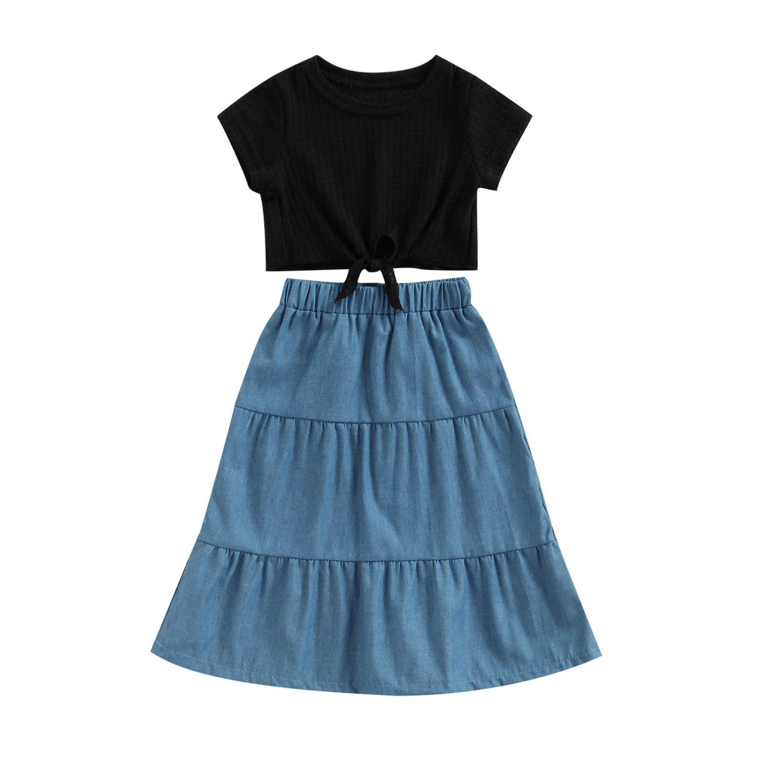 Girls Skirt Suit, Black Solid Color Tie-up T-shirt and Ruffled Skirt