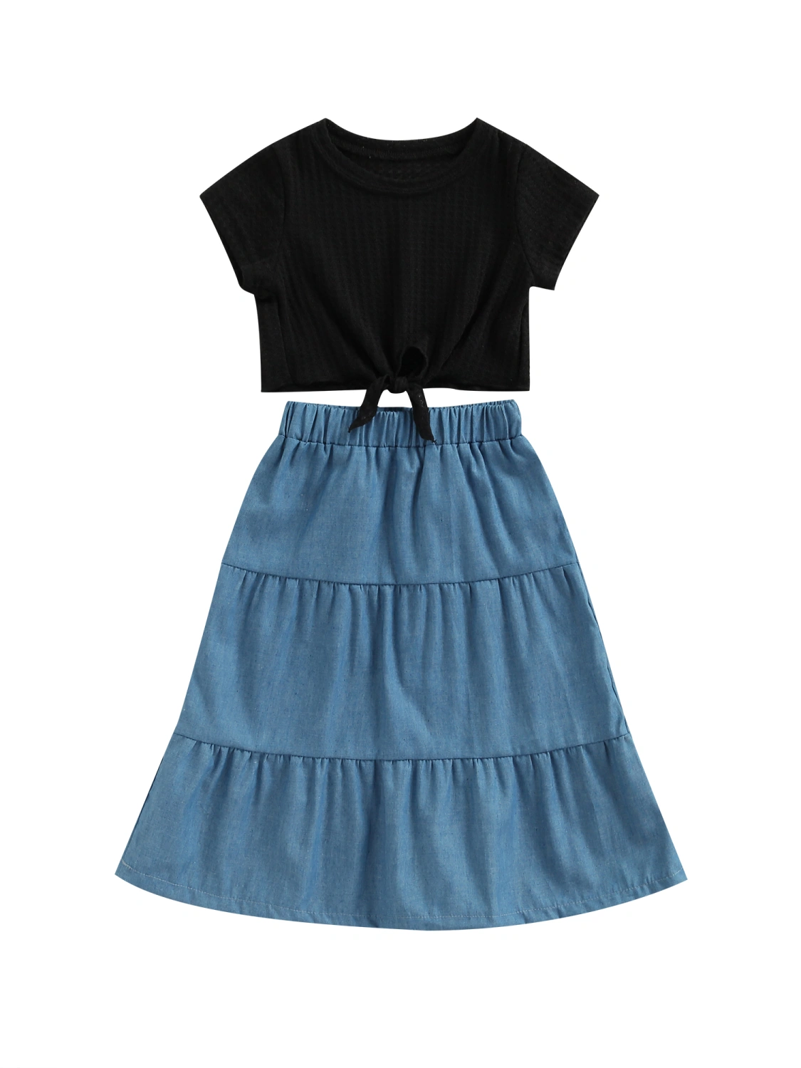 Girls Skirt Suit, Black Solid Color Tie-up T-shirt and Ruffled Skirt