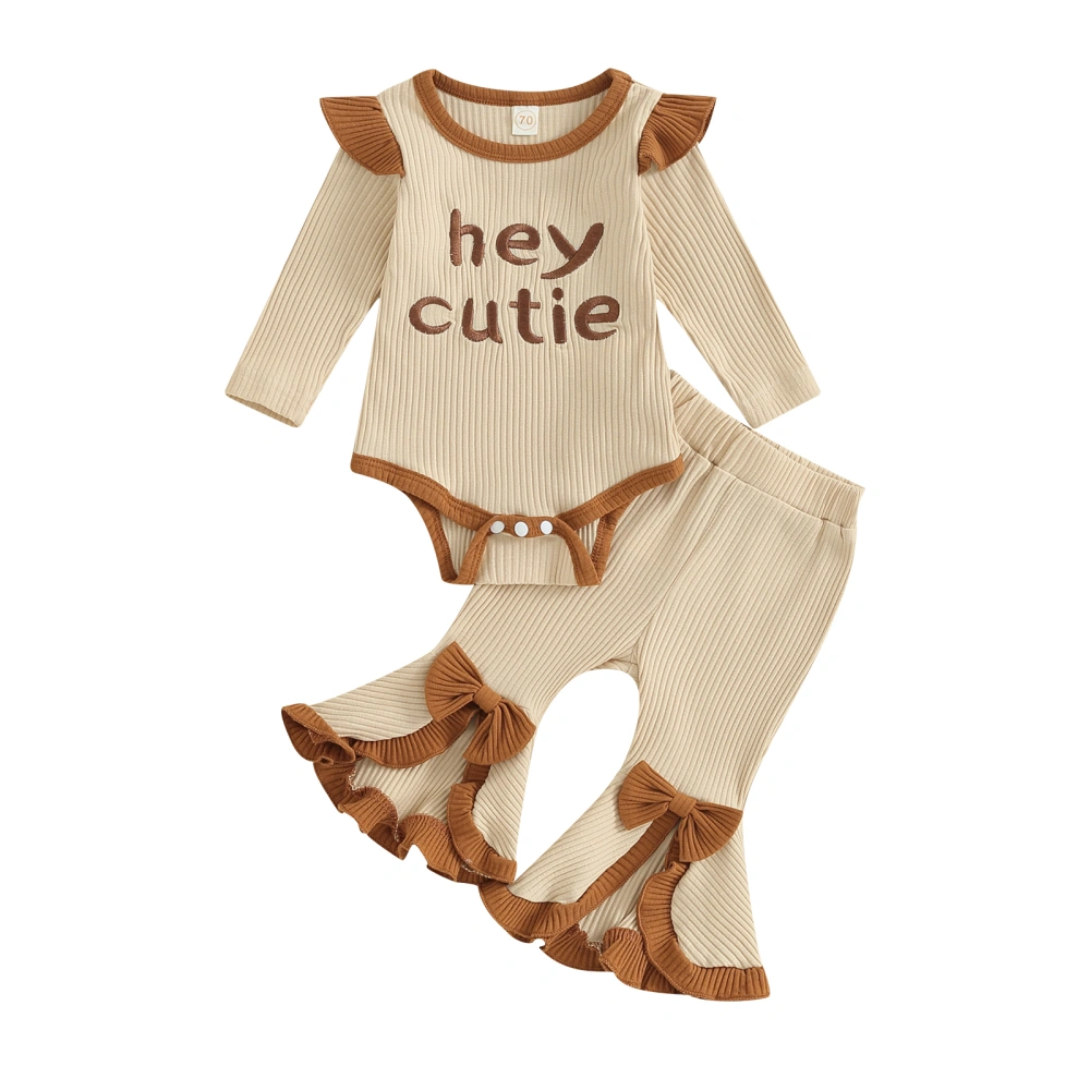 Baby Girls 2 Piece Outfits Letter Print Ribbed Romper and Flare Pants