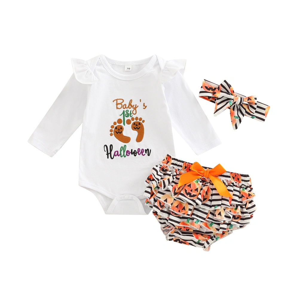 Baby Girls Halloween Outfit, Romper + Print Bloomers + Headband Set