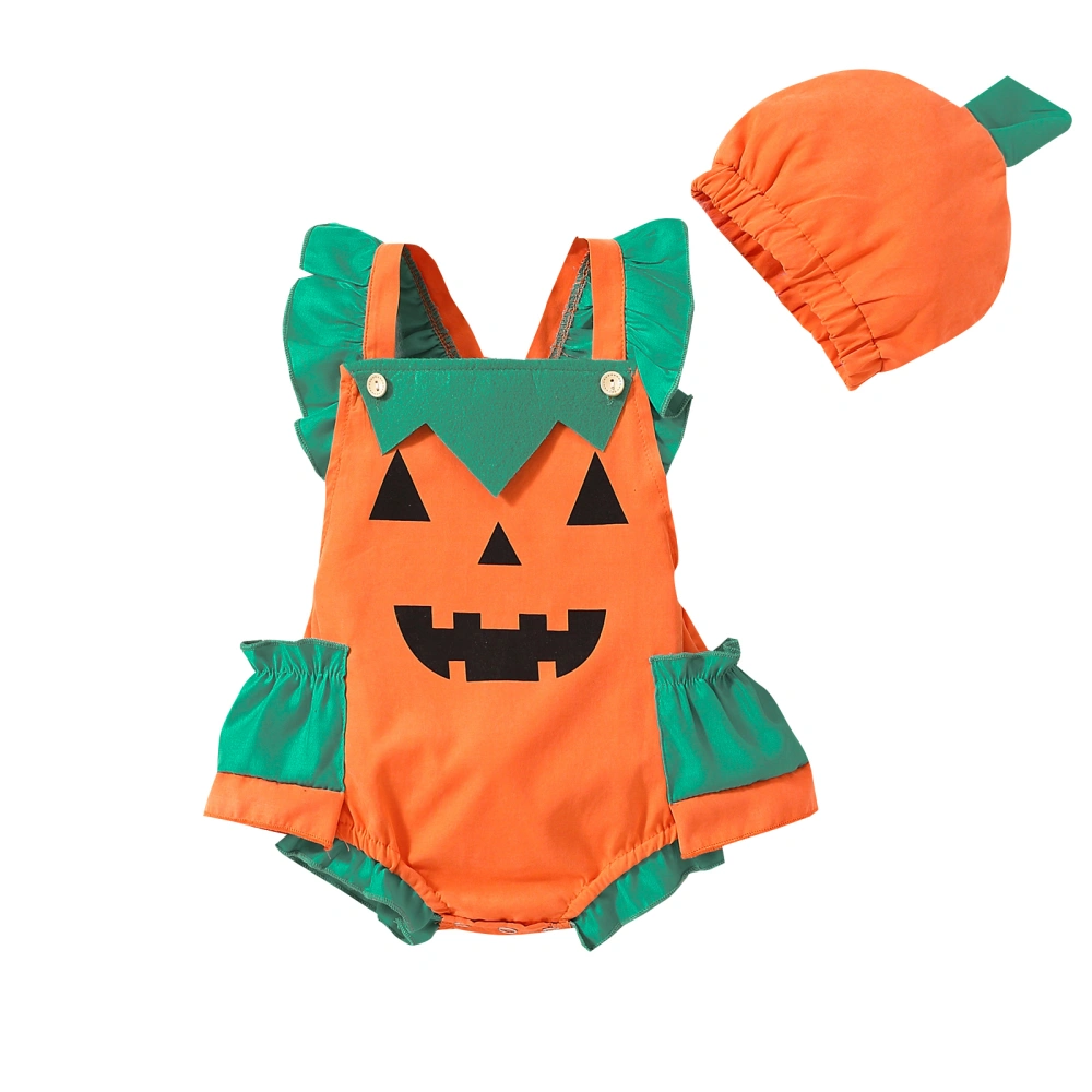 Baby Girl Boy Halloween Outfit, Pumpkin Face Print Jumpsuit + Hat Set