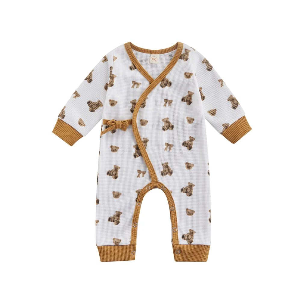 Unisex Romper, Newborn Cartoon Bear Pattern Waistband Button Jumpsuit