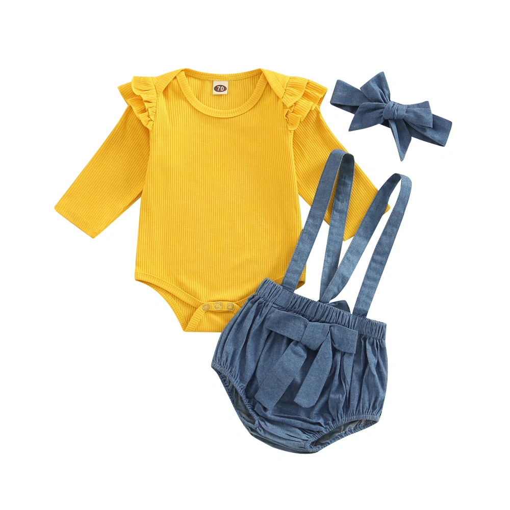 Baby Girls Outfit, Plain Long Sleeve Romper+Suspender Pants+Headband