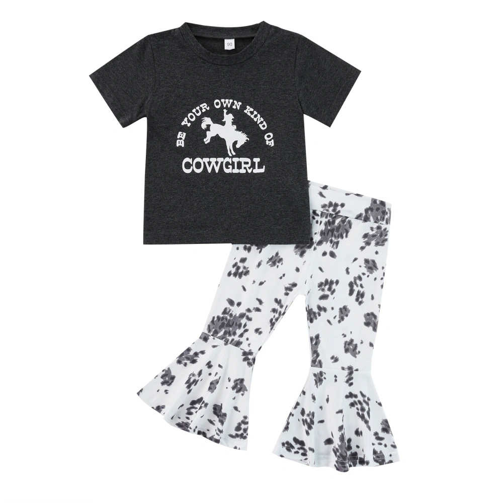 Letter & Cowgirl Print Short Sleeve T-shirt + Flared Spot Print Pants