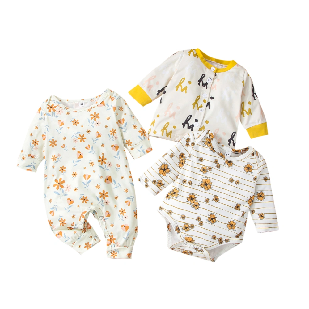 Baby 3 Pcs Set, Buttoned Romper Round Neck Tops Long Pants Bodysuit