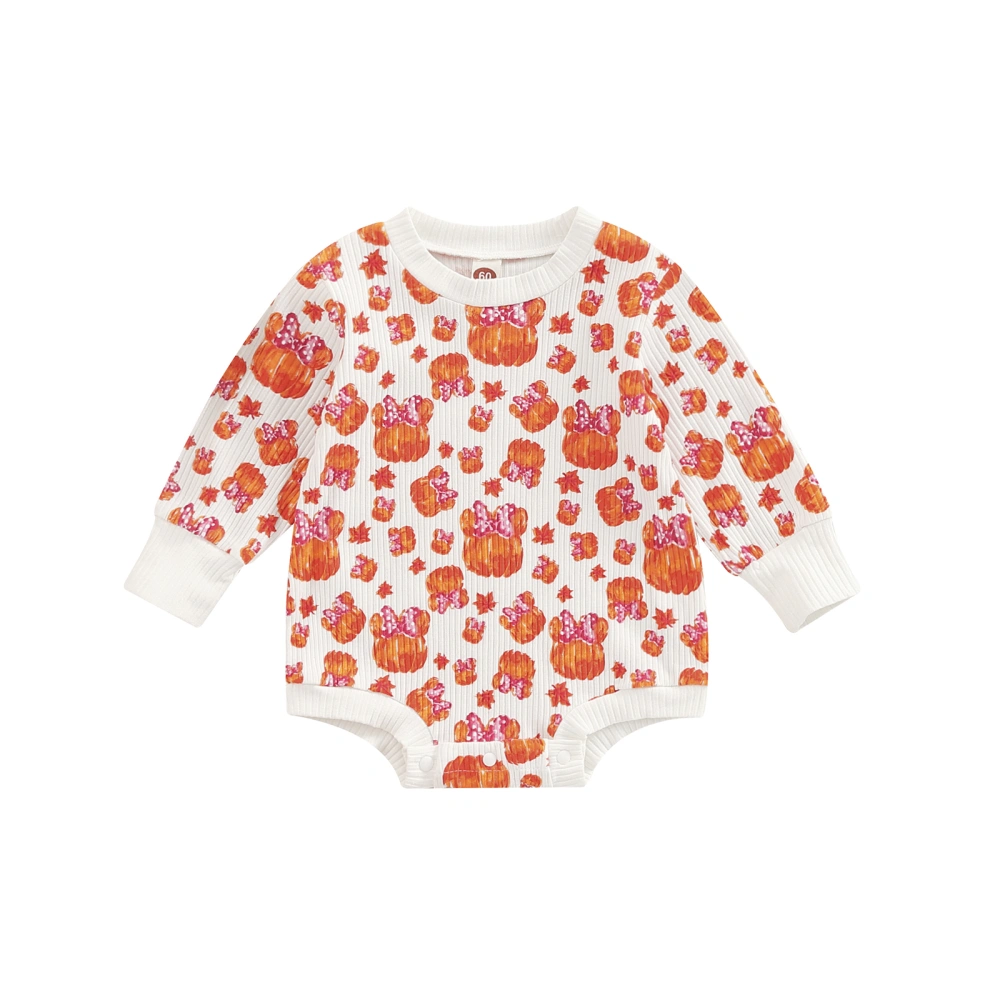 Baby Girls Halloween Romper, Long Sleeve Pumpkin Print Bodysuit