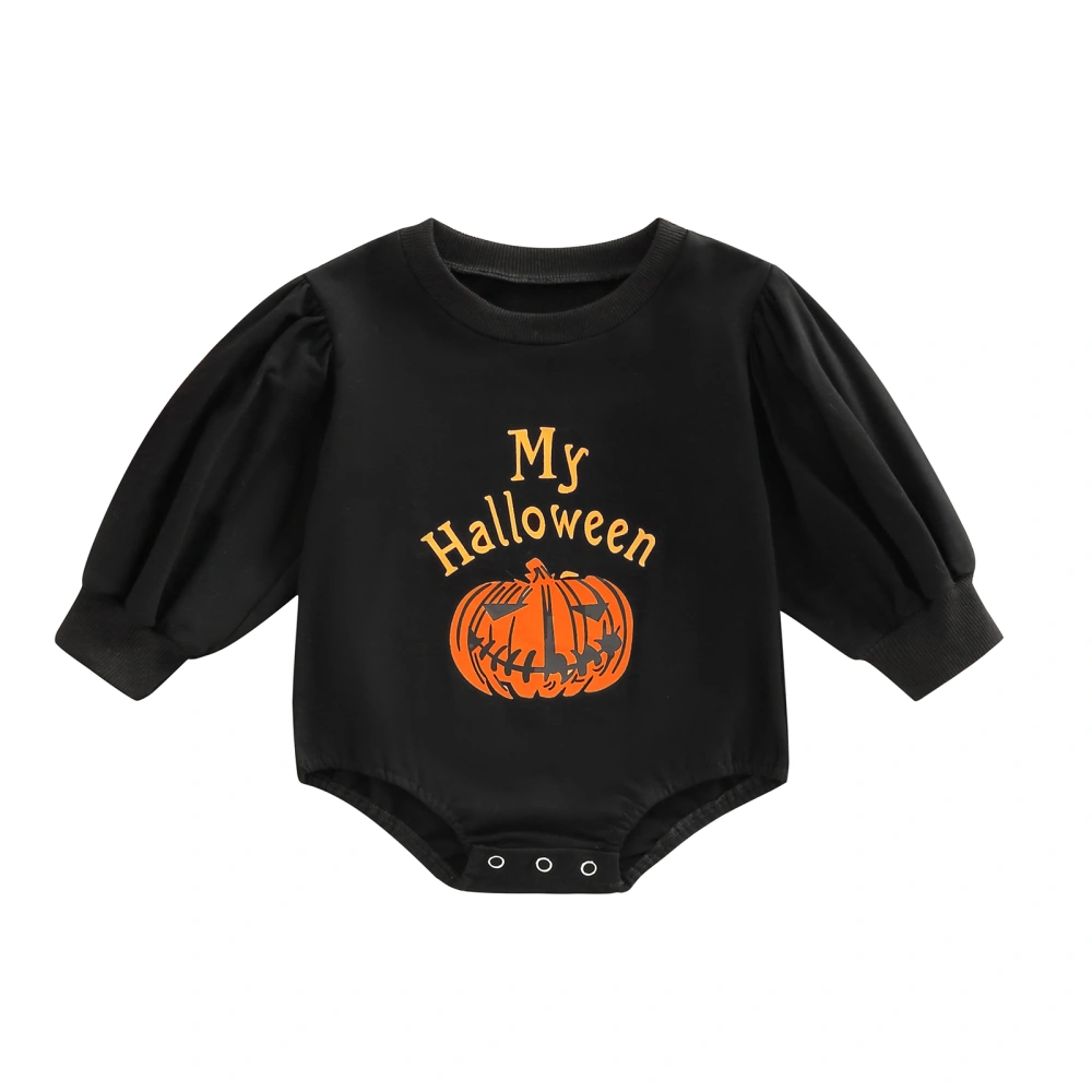 Baby Halloween Romper, Long Puff Sleeve Pumpkin Letter Print Bodysuit