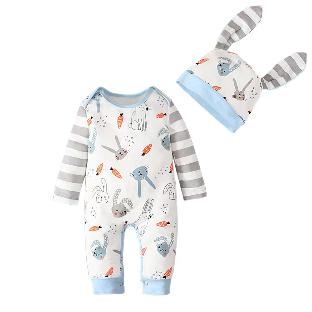 Boys Rabbit Print Striped Patchwork Jumpsuit Romper + Cartoon Hat