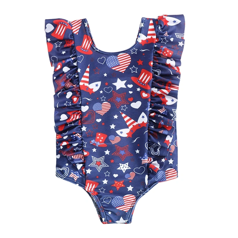 Girls Independence Day Ruffle Sleeve O Neck Star Print Bathing Suit