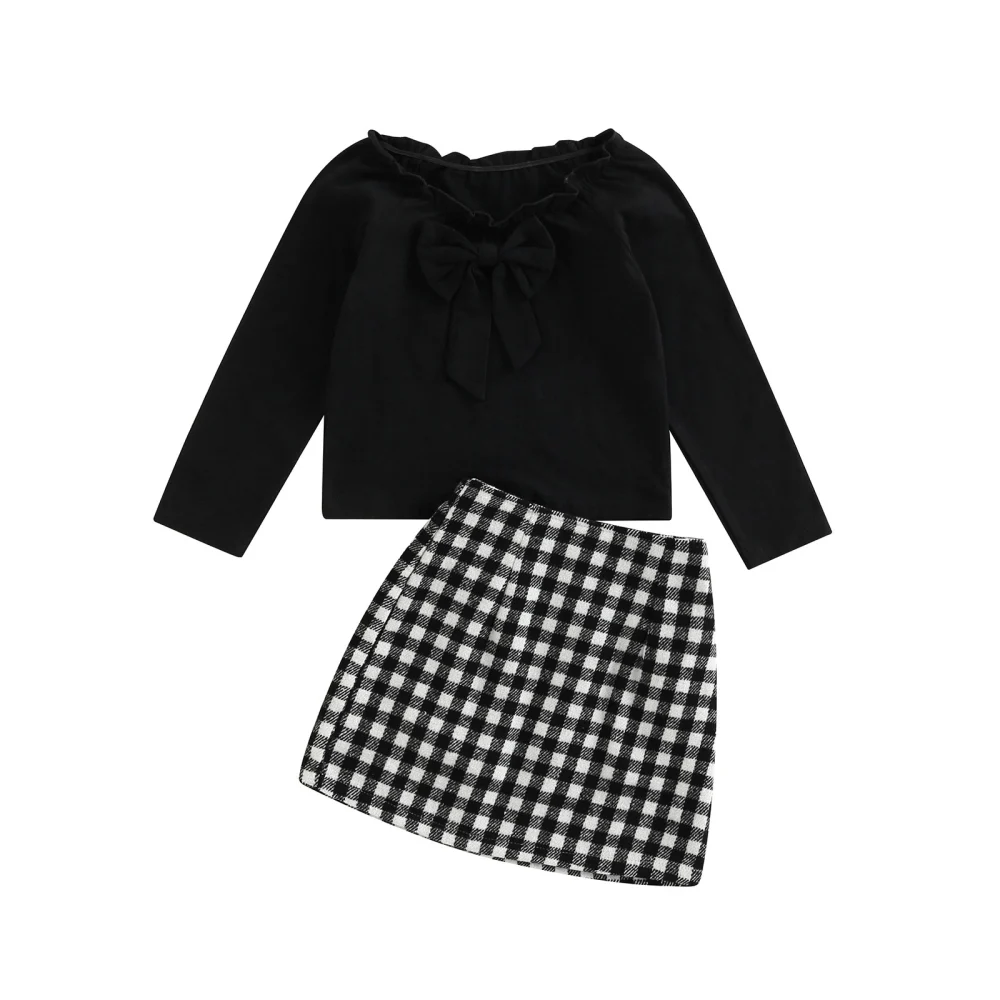 Kids Solid Color Bowknot Boat Neck Long Sleeve Tops+ Plaid Skirt