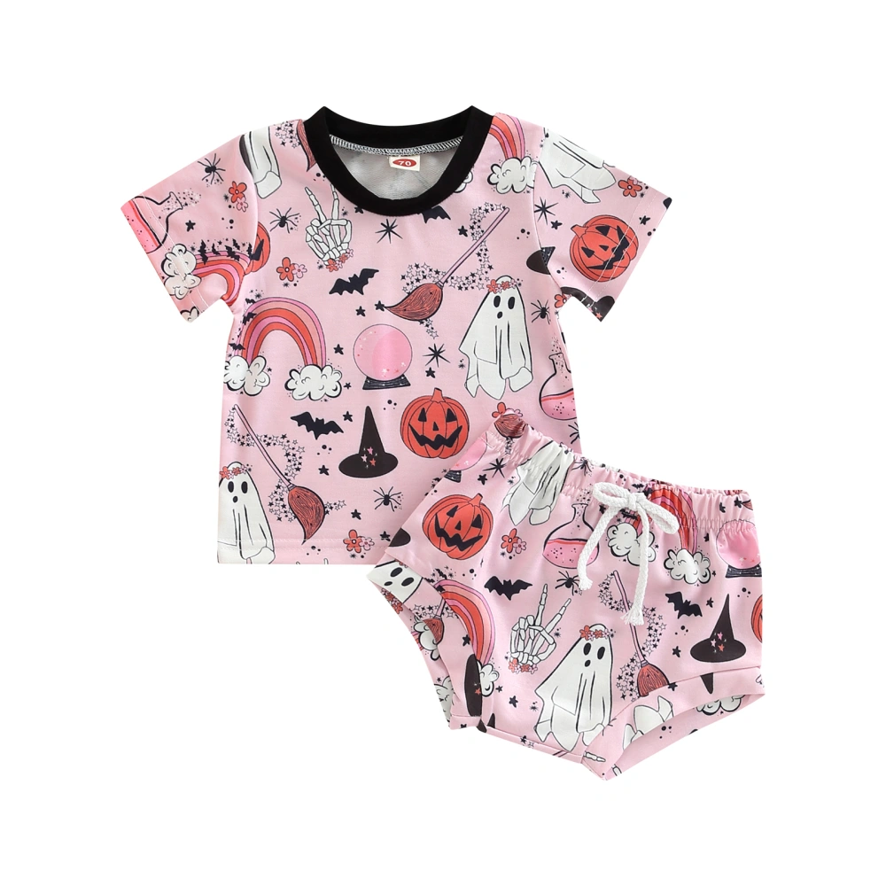 Baby Halloween 2 Pieces Outfit, Pumpkin Ghost Print T-Shirts + Shorts