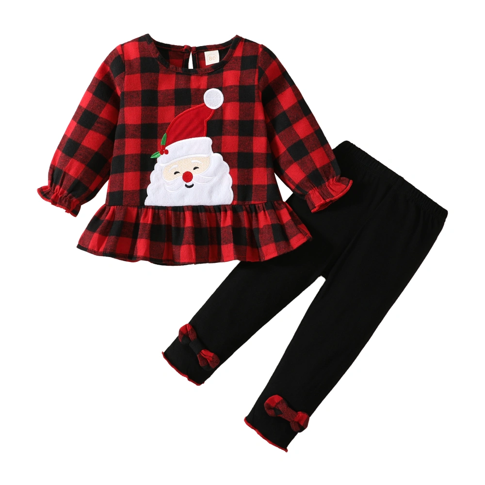 2Pcs Girls Christmas Outfit, Santa Embroidery T-Shirt + Long Pants Set