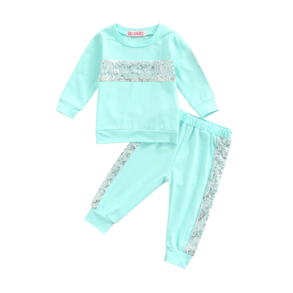 Baby Girls Clothes Set, Round Collar Tops with Sequins and Pants