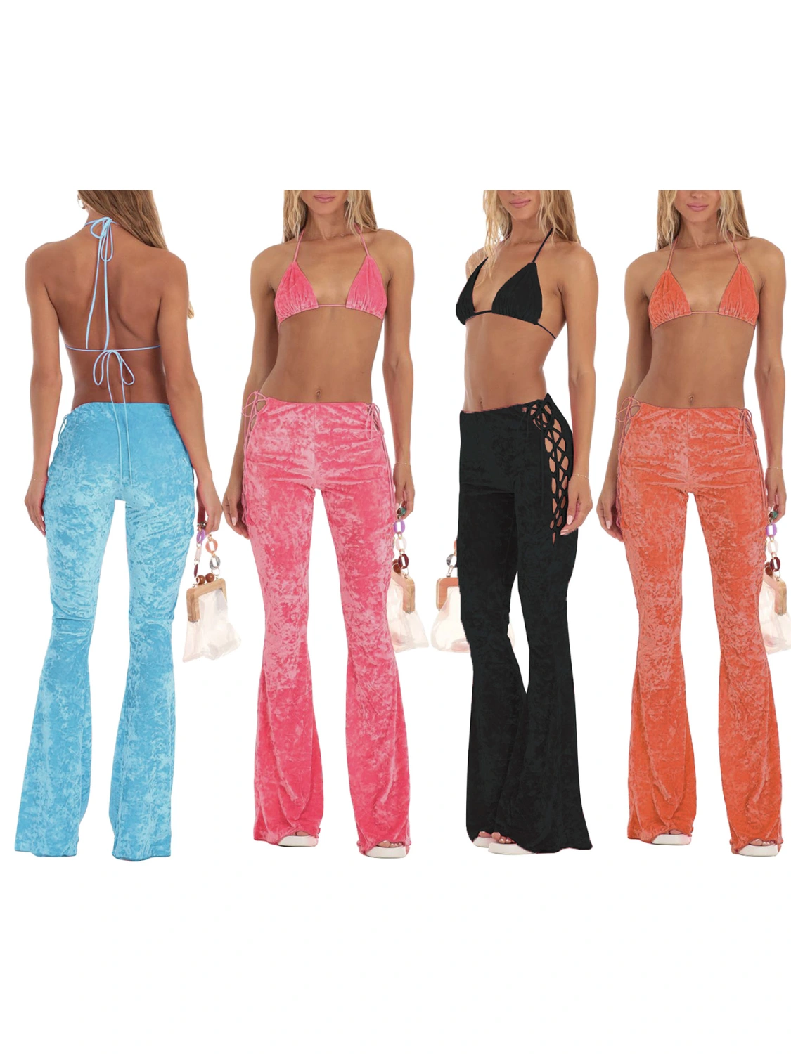 Women Velvet Pants Solid Color Side Cross Tie-Up Flare Pants Trousers