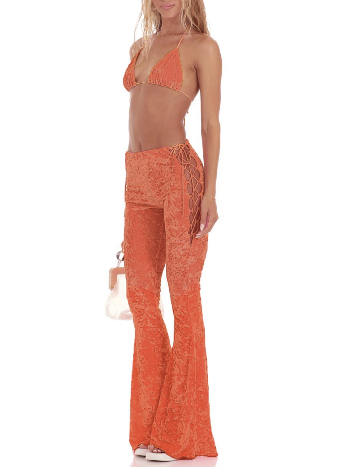 Women Velvet Pants Solid Color Side Cross Tie-Up Flare Pants Trousers