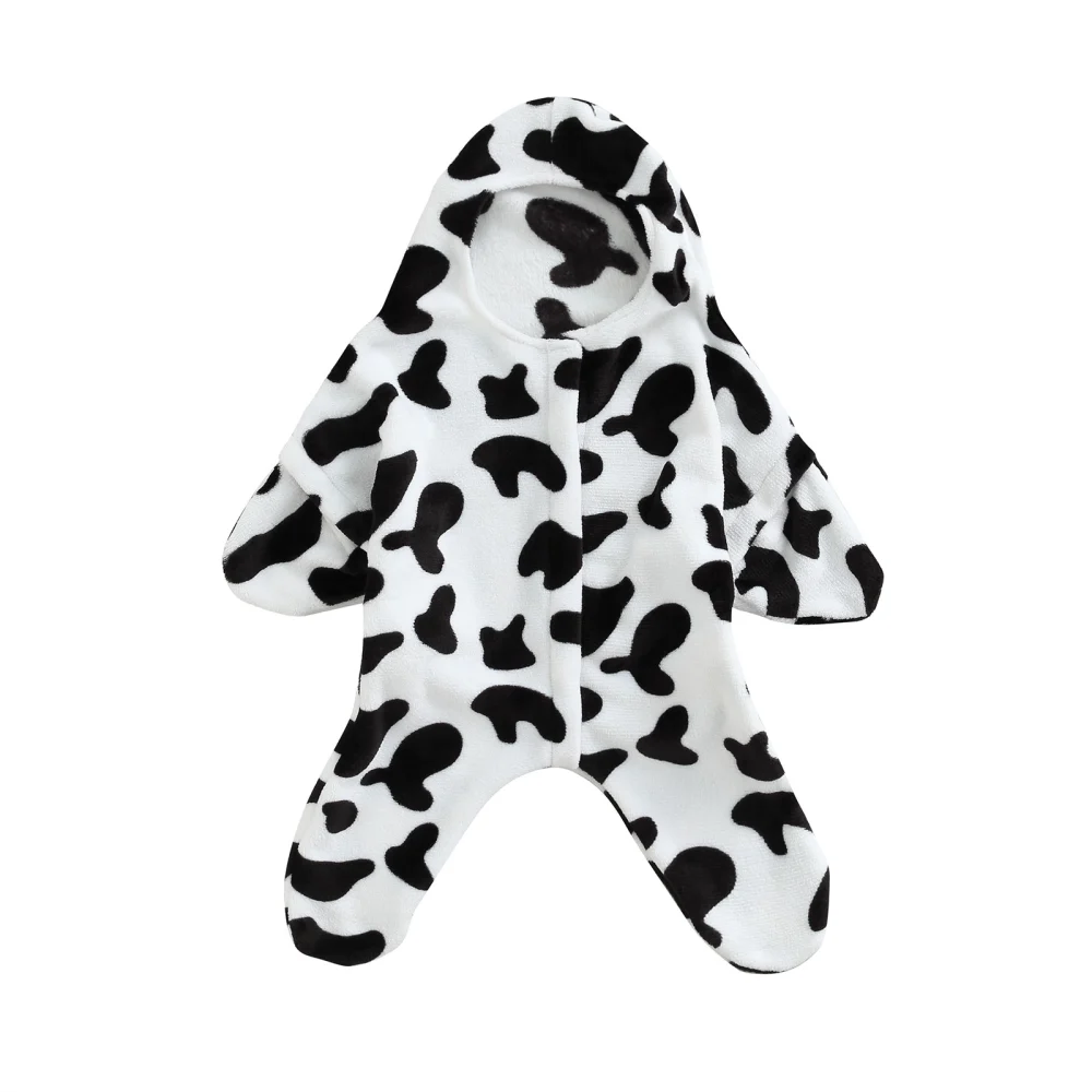 Baby Fleece Hooded Romper, Warm Cow/Bunny Print Footed Jumpsuit